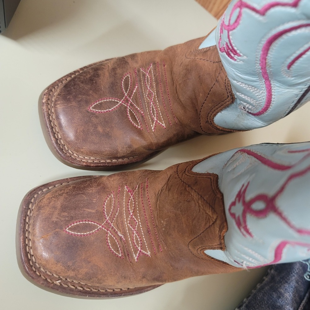 Old West Kids Brown Blue Leather Square Toe Cowboy Cowgirl Boots Size 9.0 D - Picture 3 of 8